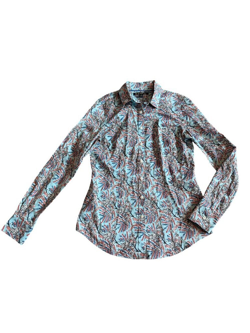 Brooks Brothers Button Down Shirt Blue Floral Print 100% Cotton Size 2 Women's